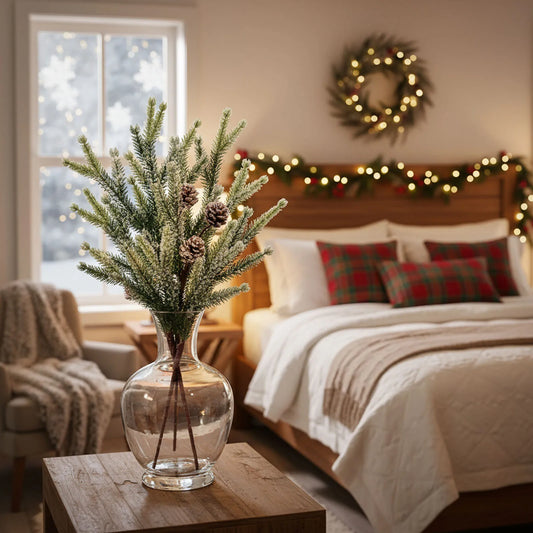 13'' Christmas Fake Frosted Pine Pick W/Pinecone Artificial Flocking Pine Pick Fake Greenery Tree Branch for White Winter Decor