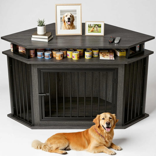 51" Corner Wooden Dog Crate with 2-Tier Shelves, Large Pet Kennel Furniture, Space-Saving Indoor Cage