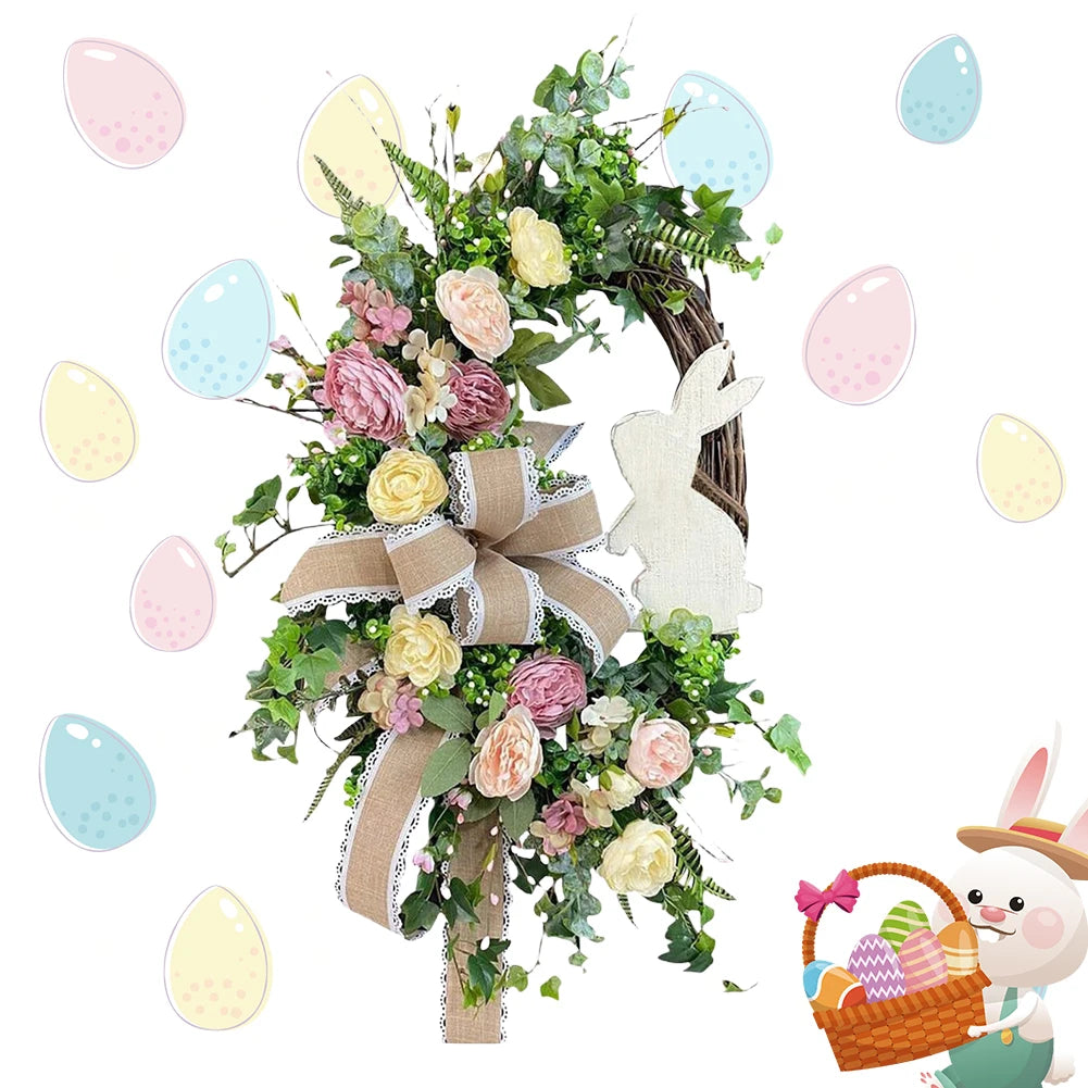 Easter Bunny Wreath Easter Wreath with Bow Spring Wreath Hanging Wreath for Home Door Garden Party Holiday Decorations