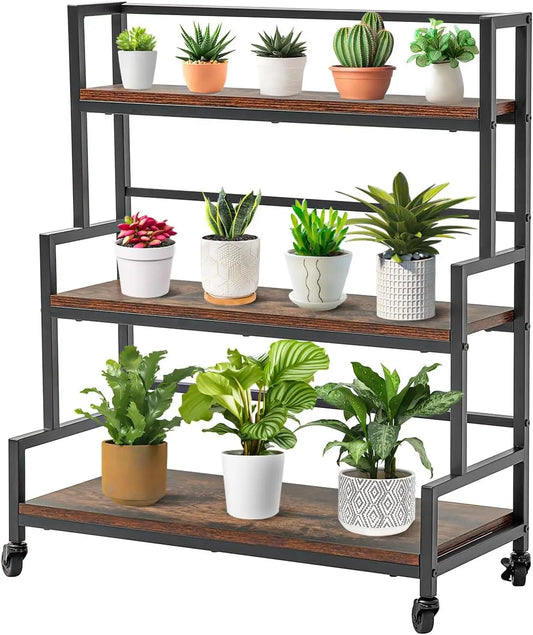 Hign-concerned 3 Tier Plant Stand On Wheels Rustic Metal