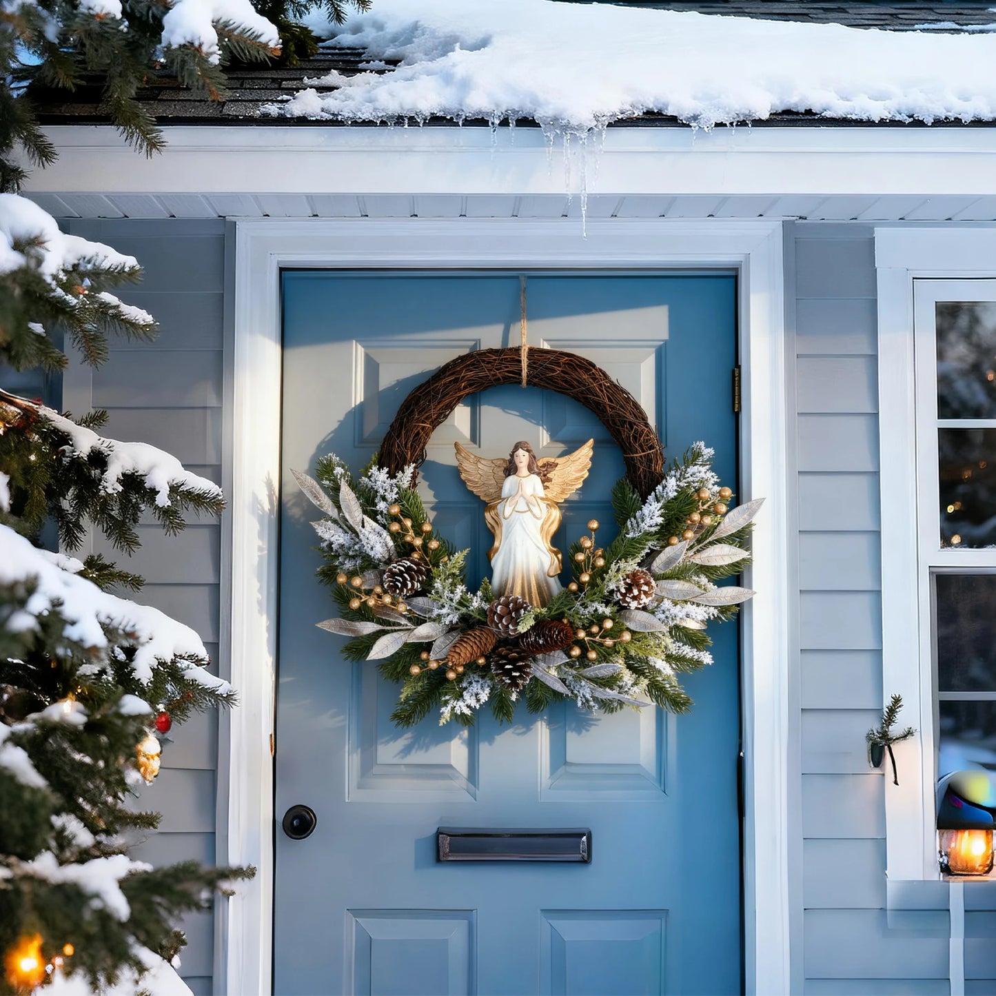 Christmas Wreath With Angel And Pinecone For Front Door And Porch