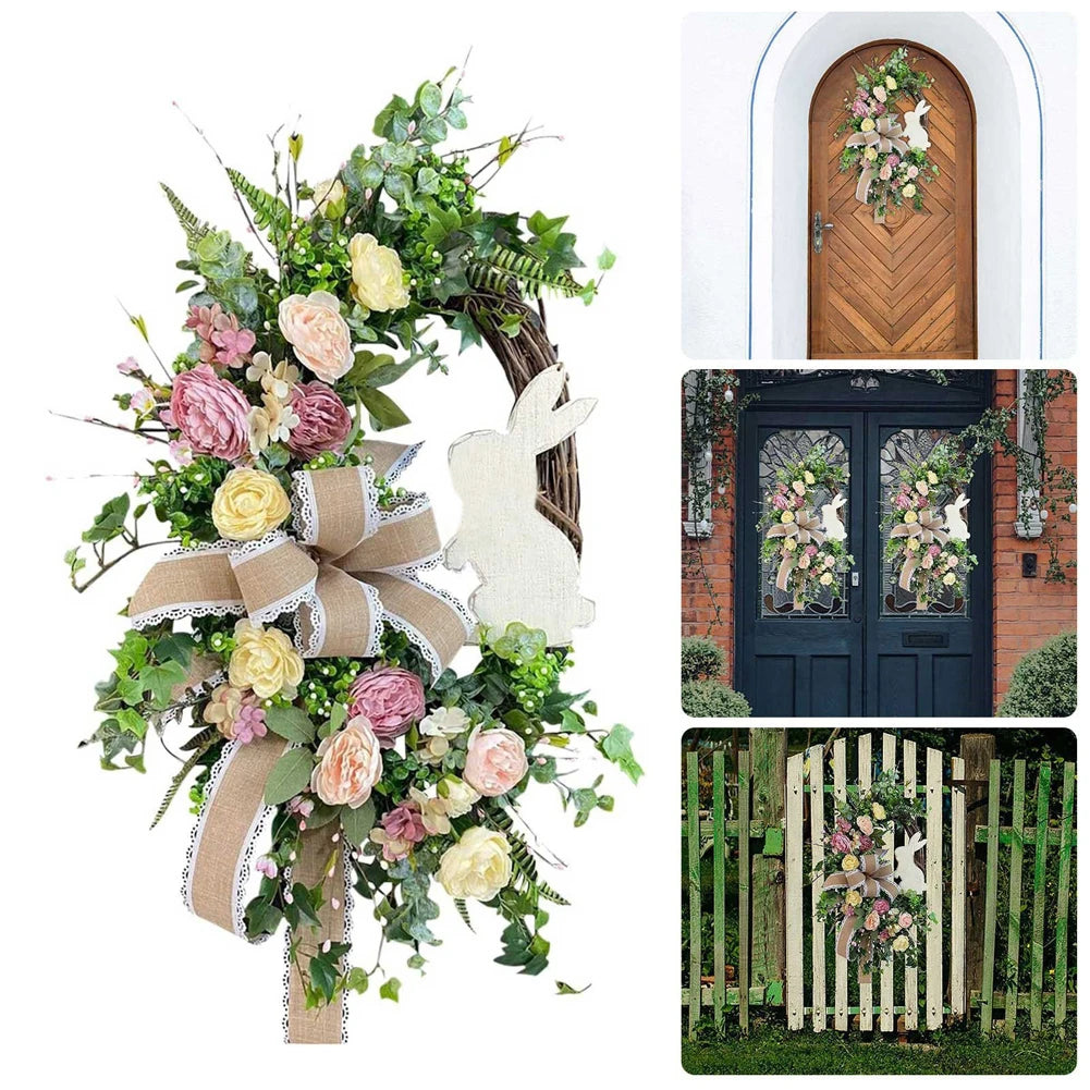 Easter Bunny Wreath Easter Wreath with Bow Spring Wreath Hanging Wreath for Home Door Garden Party Holiday Decorations