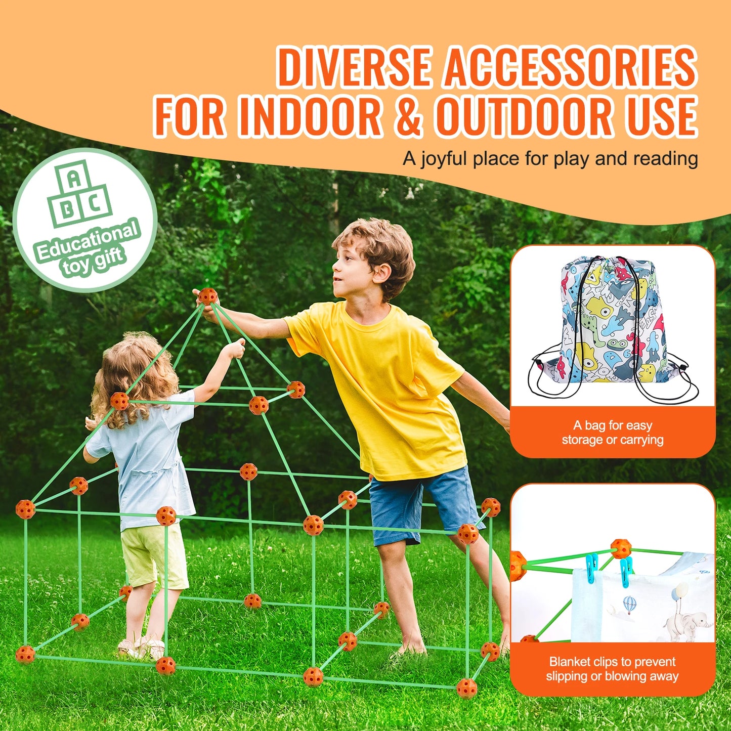 SucceBuy Fort Building Kit Construction Castle Tunnels Toys with 55 Rods 30 Balls Indoor Play Tent for Educational Gift Blocks
