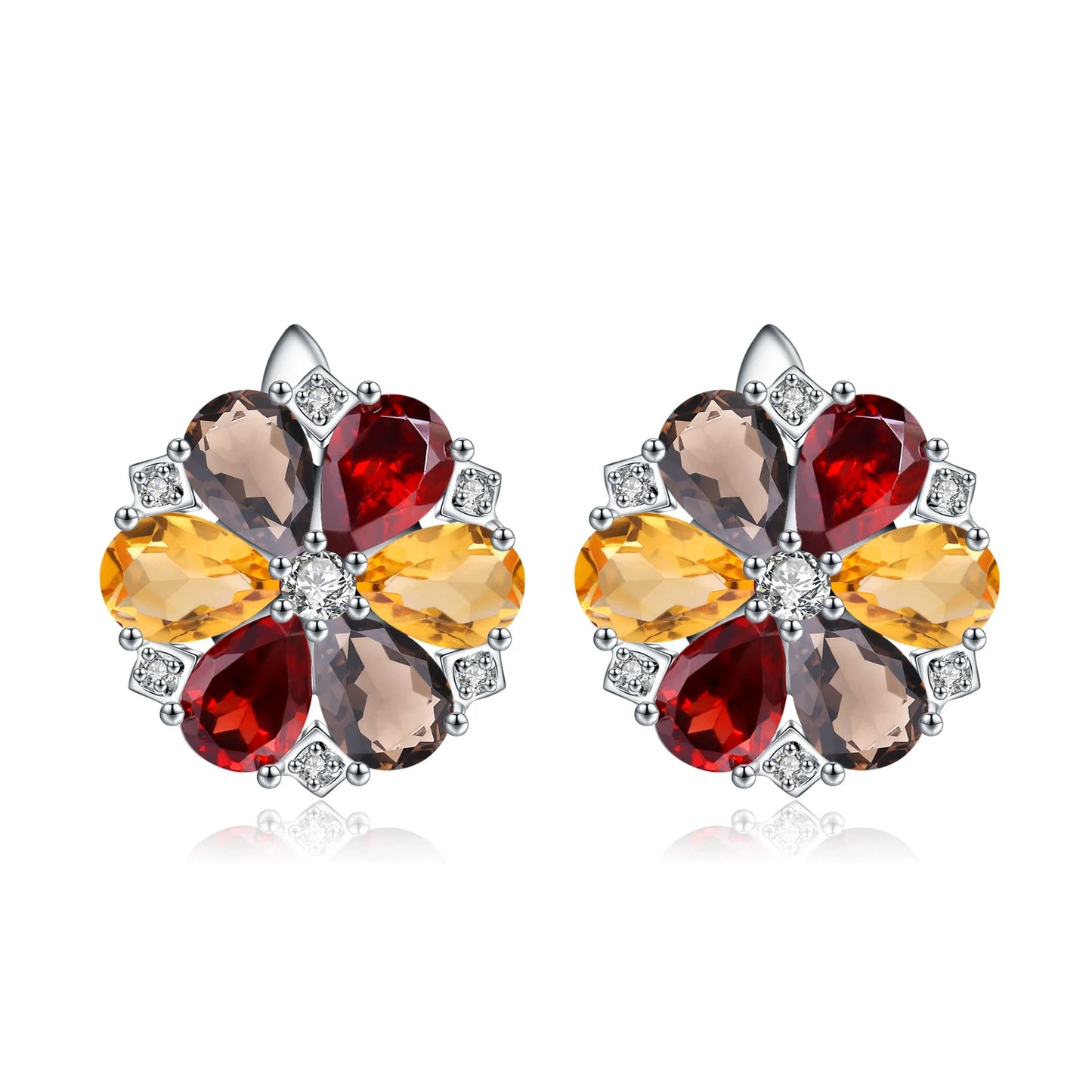 Gem's Ballet Clip Earrings Citrine Garnet Flower Shape
