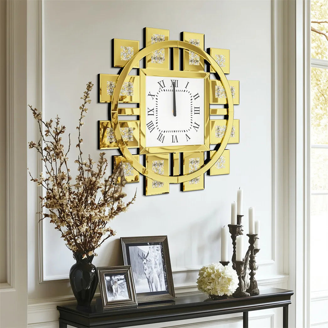 Combination Large Wall Clock Crushed Diamond Mirrored Silver Gold