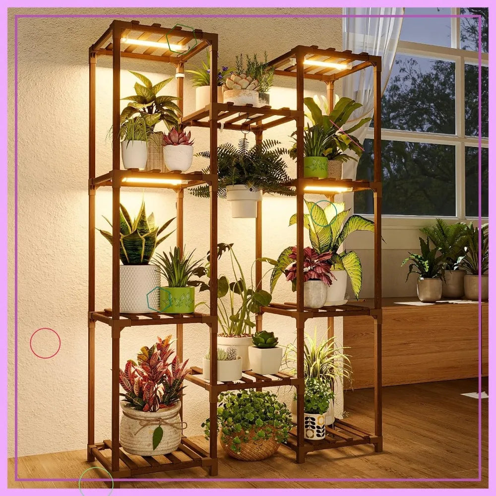 Multi-Tier Plant Stand With Grow Light Wood Shelf For Indoor Outdoor Gardens