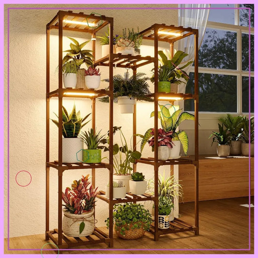 Multi-Tier Plant Stand With Grow Light Wood Shelf For Indoor Outdoor Gardens
